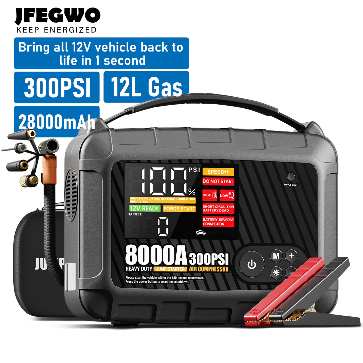 8000A, 28000mAh PRO MAX Heavy Duty Jump Starter with Air Compressor