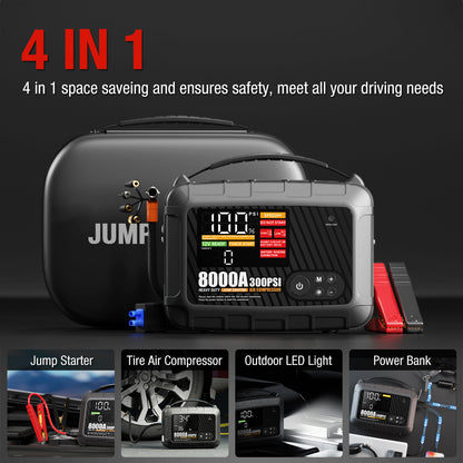 8000A, 28000mAh PRO MAX Heavy Duty Jump Starter with Air Compressor