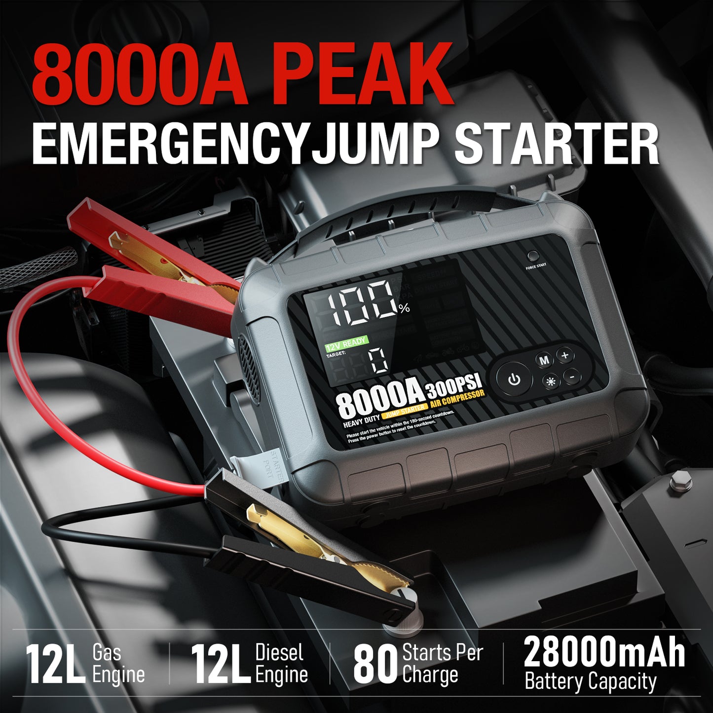 8000A, 28000mAh PRO MAX Heavy Duty Jump Starter with Air Compressor