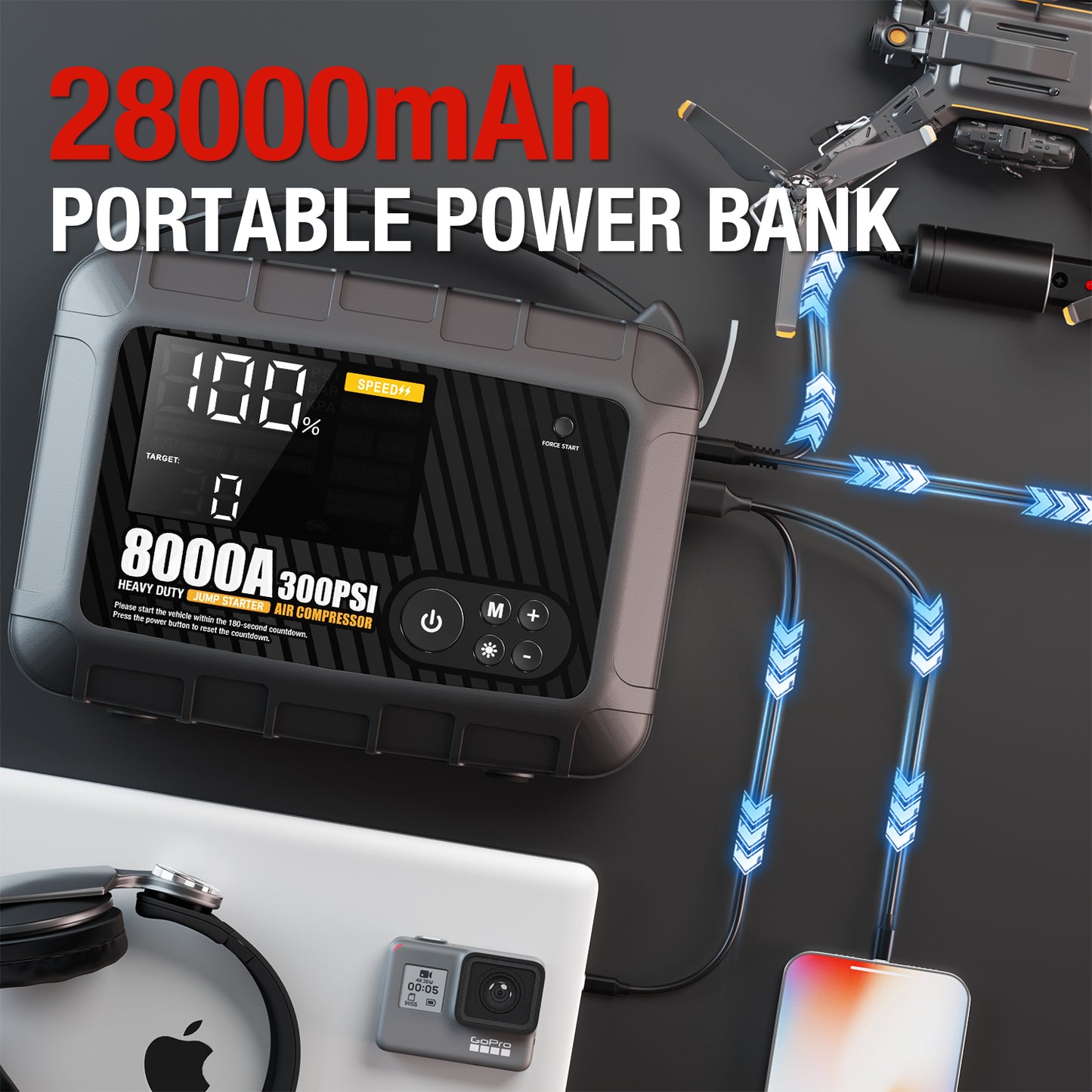 8000A, 28000mAh PRO MAX Heavy Duty Jump Starter with Air Compressor