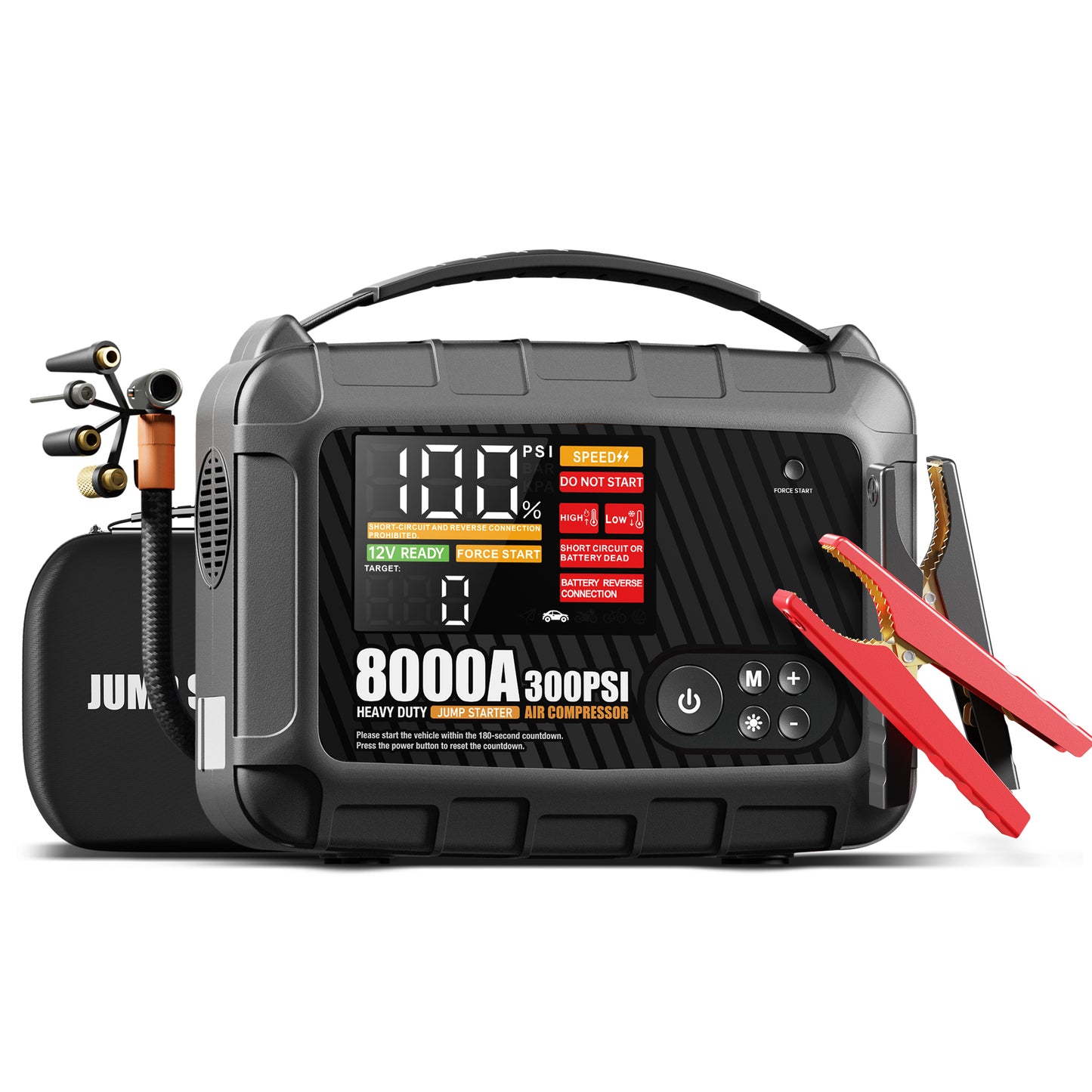 8000A, 28000mAh PRO MAX Heavy Duty Jump Starter with Air Compressor